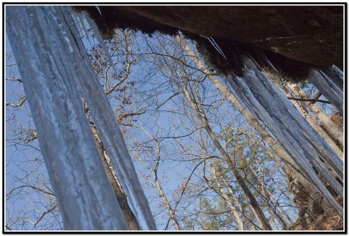 Icicles hang from a rocky overhang, with bare trees and a clear blue sky in the background.