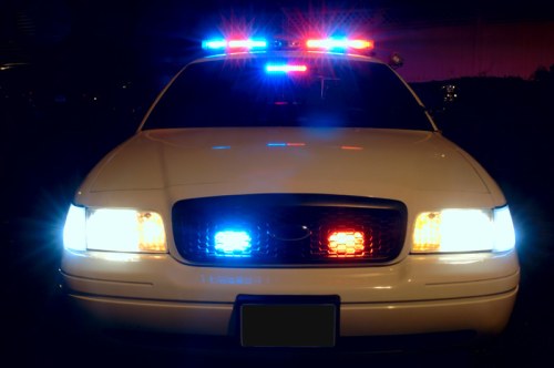 A police car with flashing red and blue lights at night, facing the camera.
