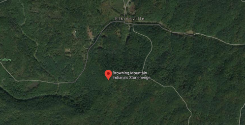 Map showing Browning Mountain, labeled as Indiana's Stonehenge, near Elkinsville, surrounded by dense greenery.