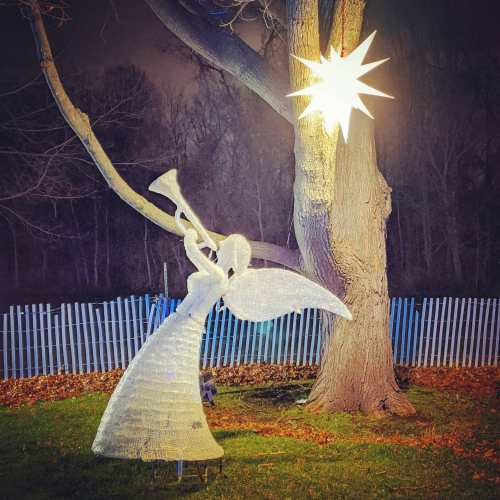 A glowing angel figure with a trumpet stands beside a tree, illuminated by a bright star decoration at night.