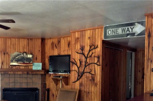 Cozy interior with wooden walls, a TV, a decorative tree branch, and a "One Way" sign on the wall.