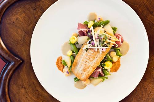 A beautifully plated dish featuring salmon on a bed of greens, garnished with vegetables and edible flowers.