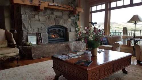 Cozy living room with a stone fireplace, wooden coffee table, and a vase of flowers, overlooking a scenic view.