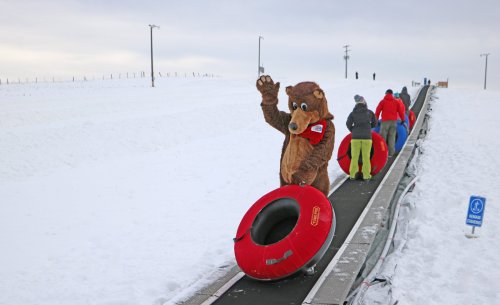 A bear mascot waves while standing on a snow-covered slope, with people in colorful outfits using a conveyor for tubing.