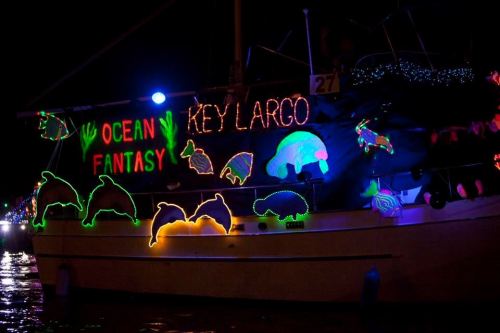 A brightly lit boat decorated with neon ocean-themed designs, including dolphins and jellyfish, at night.