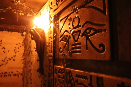 Ancient stone wall with hieroglyphics and a glowing light, surrounded by creeping vines in a dimly lit space.