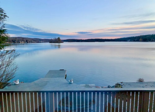 A serene lake at sunset, with calm waters and a wooden dock, framed by trees and a pastel sky. Two swans are visible.
