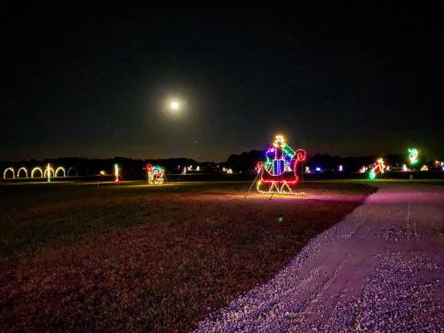 Colorful holiday lights illuminate a dark field under a bright moon, featuring various festive displays.
