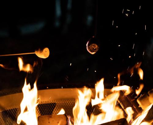 Marshmallows roasting over a campfire, with sparks flying in the dark night.