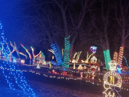 Colorful holiday lights illuminate trees and decorations in a festive outdoor display at night.