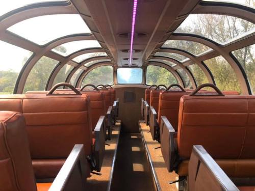 Interior of a train car with brown leather seats and large windows, featuring a modern, spacious design.