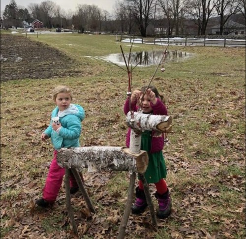 Two children play outdoors, one holding branches, near a wooden structure in a grassy area with fallen leaves.