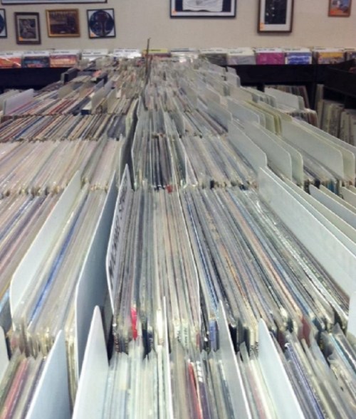 A close-up view of a large collection of vinyl records organized in rows within a record store.
