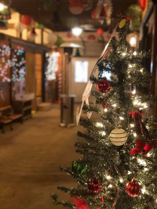 A decorated Christmas tree with lights and ornaments in a festive hallway adorned with holiday decorations.
