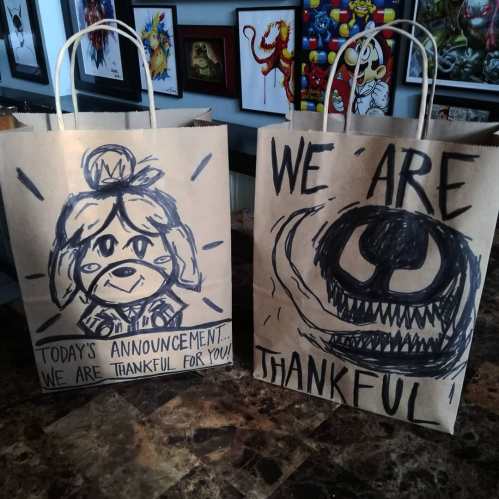Two brown paper bags with hand-drawn characters: one cute and friendly, the other dark and menacing, both expressing gratitude.