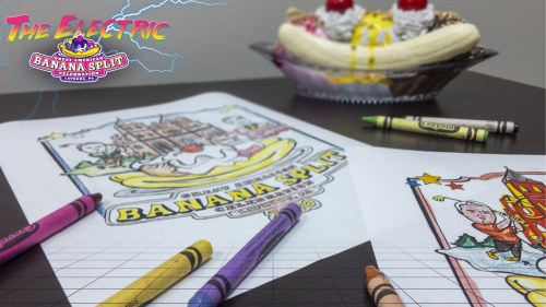 Coloring pages featuring a banana split and a festive design, with crayons and a real banana split dessert in the background.