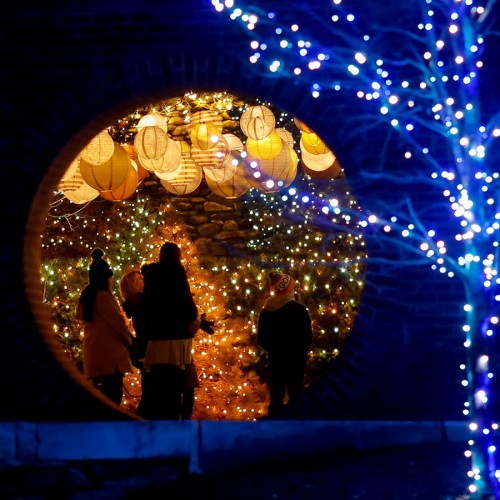 A group of people admiring festive lights and lanterns through a circular archway at night.