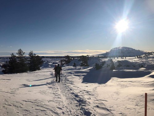 A person walks through a snowy landscape under a bright sun, with distant hills and trees in the background.