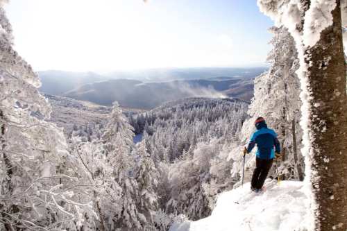 A skier stands on a snowy mountain edge, overlooking a vast, frosty landscape of trees and distant hills.