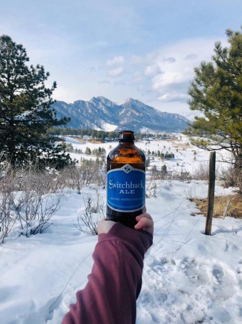 A hand holds a bottle of Switchback Ale against a snowy mountain landscape with pine trees.