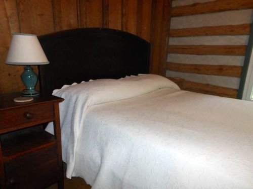 A cozy bedroom with a wooden bed, white quilt, and a bedside table with a lamp against a rustic log wall.