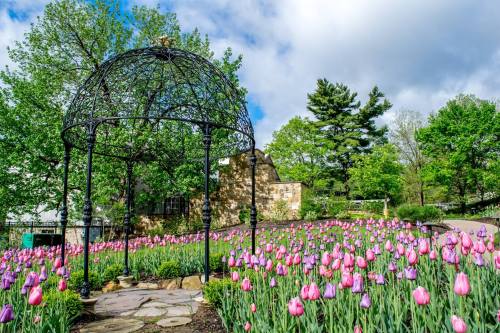 A wrought iron gazebo surrounded by colorful tulips and lush greenery under a partly cloudy sky.