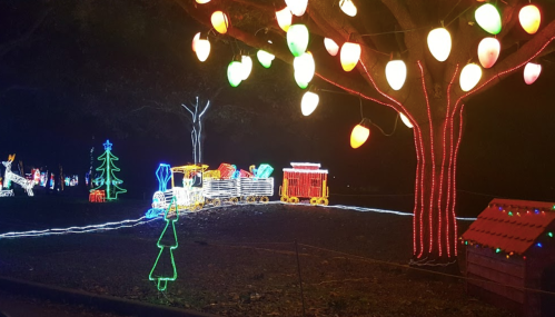 Colorful holiday lights illuminate a train, tree, and a small house, creating a festive nighttime scene.