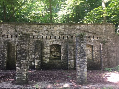 Stone ruins surrounded by trees, featuring several vertical pillars and arched windows, set in a lush green forest.