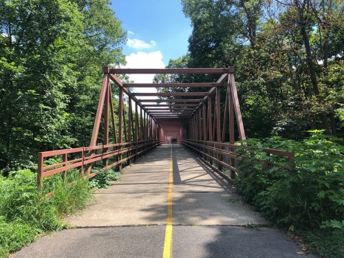A red metal bridge spans a path through lush greenery under a blue sky with scattered clouds.