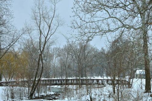 A snowy landscape featuring bare trees and a wooden bridge over a stream, creating a serene winter scene.