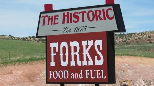 Sign for "The Historic Forks" established in 1875, advertising food and fuel, set against a green landscape.