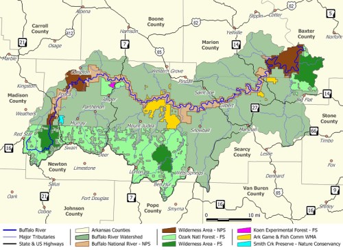 Map of the Buffalo River watershed, highlighting forests, wilderness areas, and major highways in Arkansas.