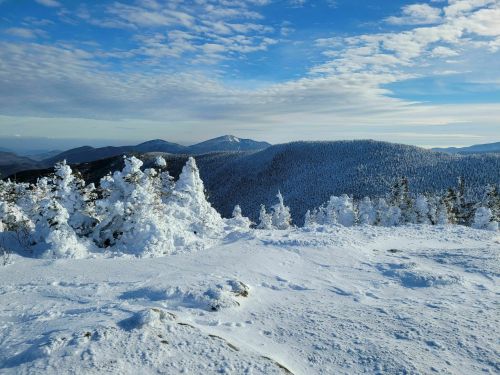 A snowy landscape with frosted trees and rolling hills under a blue sky with scattered clouds.