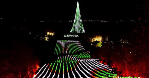 A brightly lit Christmas tree and colorful light display at night, creating a festive holiday atmosphere.