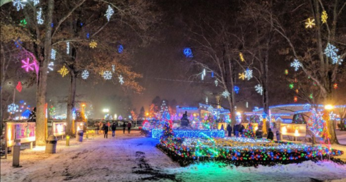 A festive park illuminated with colorful lights and snowflakes, filled with people enjoying a winter night.