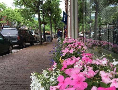 A vibrant street scene with colorful flowers lining the sidewalk and people walking by in a charming town.