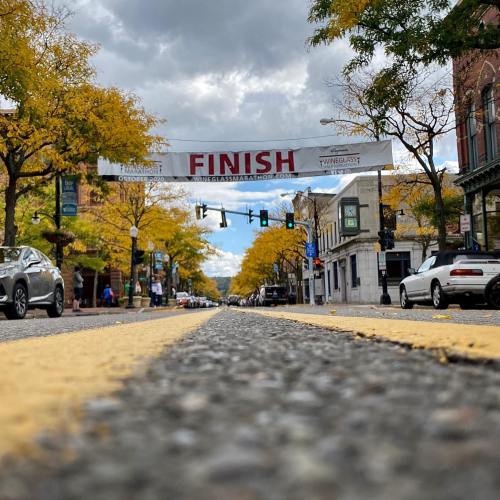 A street view with a "FINISH" banner overhead, lined with trees and cars, under a cloudy sky.