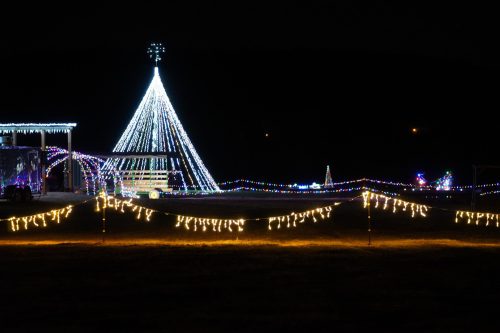 A festive display of colorful Christmas lights, featuring a large illuminated tree and various decorations in a dark setting.