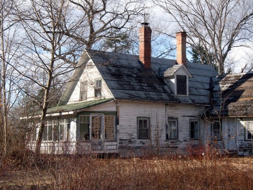 An old, weathered house with a slanted roof, two chimneys, and overgrown vegetation surrounding it.