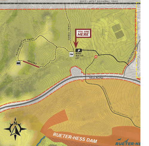Map showing the Rose Reter Trail, parking area, and Rueter-Hess Dam, with a "You Are Here" marker.