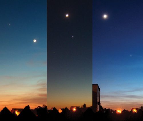 Three panels showing a sunset sky with the moon and planets visible, transitioning from dusk to night.