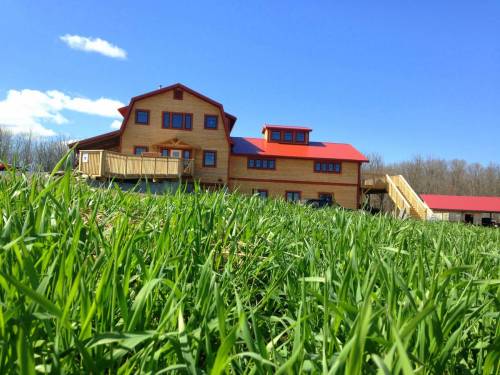 A large wooden house with a red roof, surrounded by green grass under a clear blue sky.