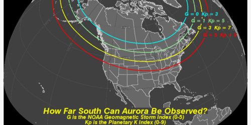 Map showing aurora visibility in North America based on NOAA Geomagnetic Storm Index and Planetary K Index.