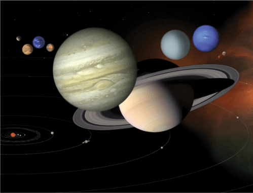 A digital illustration of the solar system featuring Jupiter, Saturn, Uranus, Neptune, and other planets in orbit.