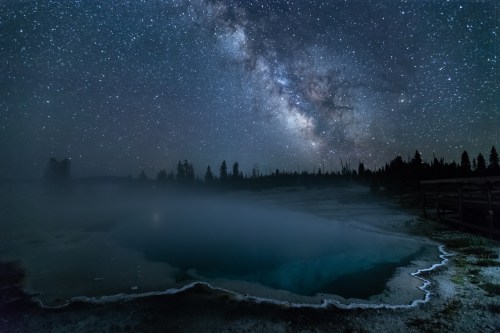 A starry night sky over a steaming hot spring, surrounded by trees and mist, showcasing the Milky Way's brilliance.
