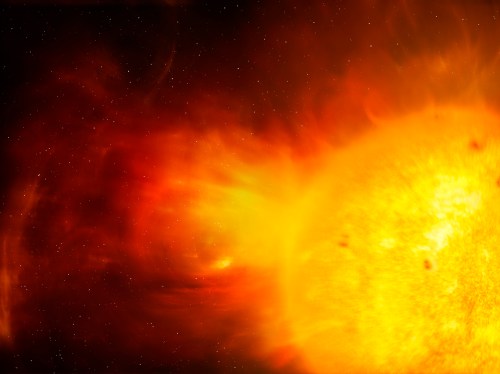 A vibrant, glowing sun surrounded by fiery orange and yellow hues, set against a starry cosmic background.