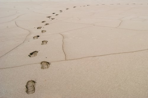 Footprints in the sand lead across a dry, cracked beach surface under a clear sky.