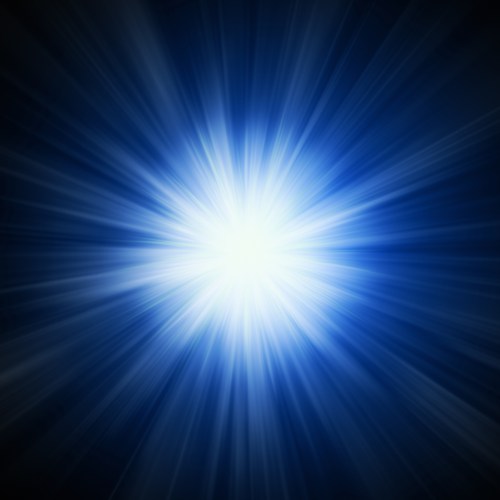 A bright, glowing light radiates outward against a dark blue background, creating a sense of depth and energy.