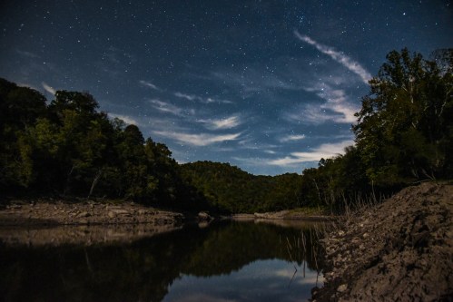 A serene night scene of a river reflecting stars and clouds, surrounded by trees and hills under a clear sky.