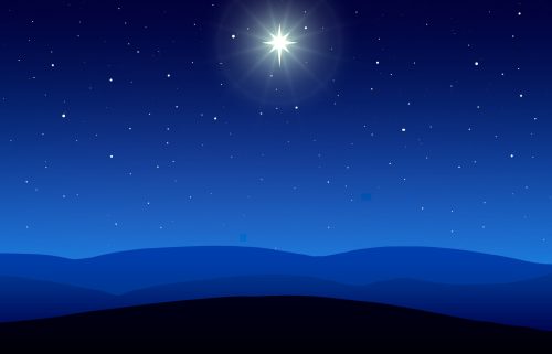 A star shines brightly in a dark blue night sky above rolling hills.